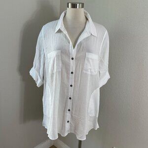 Coldwater Creek Womens Petite Large White Button Up Shirt Roll Tab Sleeve Pocket